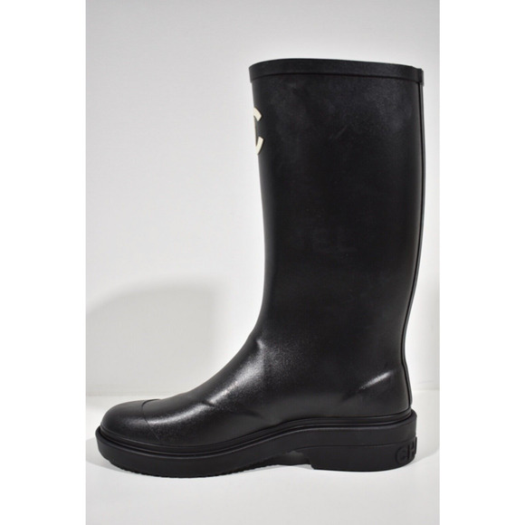 Chanel REV Black White Caoutchouc CC Logo High Pull On Rubber Rain Boots 42 - Picture 9 of 12